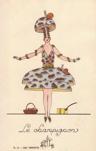 Vrouw in paddenstoel verkleedkostuum, le mushroom, hoed en jurk in paddenstoelvorm, versierd met slakken en bloemen door Unbekannter Künstler