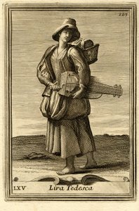 Vrouw die het oude wiel bespeelt (of "Lira tedesca" of "ghironda"). In "Gabinetto Armonico" door Filippo Bonanni, Rome door Unbekannter Künstler