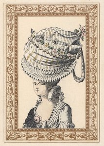 Vrouw met een enorme hoed genaamd het Geluk van de Eeuw. Handgekleurde lithografie door de Laubadere uit Octave Uzane