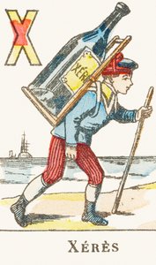 X : Xeres, een jongen draagt een grote fles wijn - Spellenalfabet, circa 1890 door Unbekannt