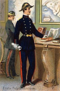 Y: Polytechnische school. Gravure in "Militair Alfabet". Initialen van de illustrator: A. D. Onbekende uitgever. Chromolithografieën eind 19e eeuw. Dim: 10,5x7cm
