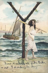 Y - Een vrouw op blote voeten, gekleed in een mouwloze korte jurk, houdt een roeispaan op haar linkerschouder. Maritiem decor - Alphabet personnages, Theodor Eisman, Leipzig door Unbekannt