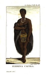 Jonge San vrouw die een kind voedt, Zuid-Afrika. Ze draagt een cape, kettingen en een kralenrok. Uit Francois Le Vaillant (Levaillant