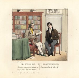 Jonge heer in de studeerkamer van een adviseur die een brief leest. Hij zegt, Ik sta geheel tot uw beschikking. Hij denkt, Weer een gratis diner! Handgekleurde lithografie door de gebroeders Gihaut naar een illustratie van de Zwitserse kunstenaar Jean Gabr door Unbekannter Künstler