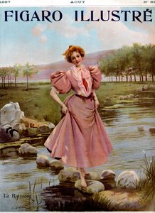 Jonge vrouw die een beek oversteekt - Uit Figaro Illustré, augustus 1897. door Unbekannter Künstler