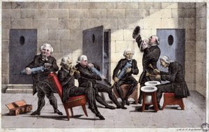 Amateurs spelen een courante, Franse cartoon tegen artsen (met spuiten en kamerpotten als muziekinstrumenten) en de zuiverende in de 18e eeuw, gravure door Elgelmann, ca. 1830