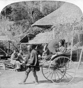 Een ochtendrit in een jinrikisha-riksja, Sugita, Japan, 1896