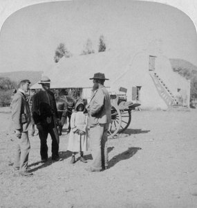 Interview met een Boerenboer bij zijn huis nabij Brandfort, Zuid-Afrika, Boerenoorlog door Underwood and Underwood