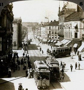 Karl Johans Straat en Koninklijk Paleis, Christiania Oslo, Noorwegen door Underwood and Underwood