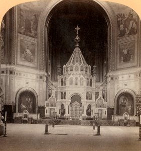 Het prachtige altaar, Tempel van Onze Verlosser, Moskous grootste kerk, Rusland, 1898 door Underwood and Underwood