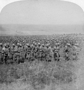 De dappere Garde Brigade marcherend op Brandfort, Boerenoorlog, Zuid-Afrika, 1901