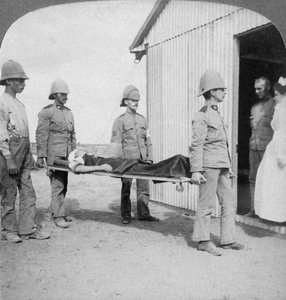 Gewonde fuselier na de dappere stand van de Boeren bij de Oranjerivier, Zuid-Afrika, Boerenoorlog, 1900