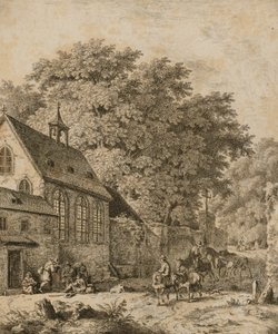 Landschap met kerk en boeren door Unidentified