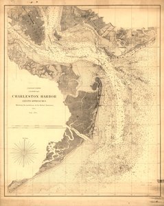 De haven van Charleston en de toegangswegen tonen de posities van de rebellenbatterijen. LOC 99448822