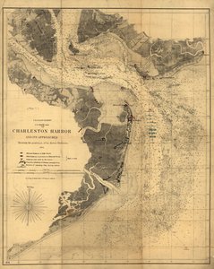 De haven van Charleston en de toegangswegen tonen de posities van de rebellenbatterijen. LOC 99448827
