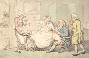 Een paar aan tafel met bedienden, 18e-19e eeuw door Unknown,Unknown.