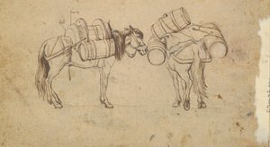 Een uitzicht op de Tiber bij de Ripa Grande, Rome (recto); Studie voor twee paarden die vaten dragen (verso) door Unknown