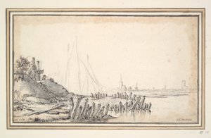 Een herberg bij een rivier door Unknown