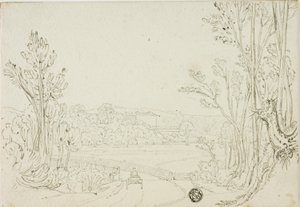 Kar op weg over brug tussen bomen; villa in de verte door Unknown