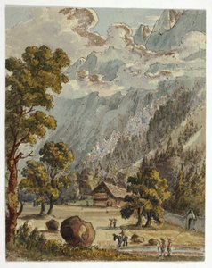 Chalet en tuin onder Alpen (recto); Village  Glacier du Boissons, Chamix (verso) door Unknown