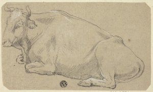 Koe liggend op lendenen (recto); Kop van een vrouw en schets van paardenhoofd (verso) door Unknown