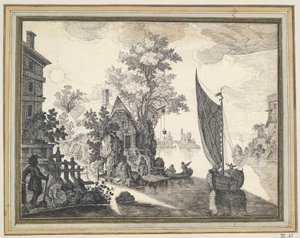 Fantastisch landschap met rivier en watermolen door Unknown