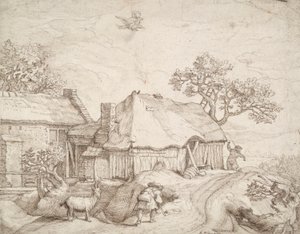 Boerderijgebouwen met Boeren, een Geit, en de Ontvoering van Ganymedes door Unknown