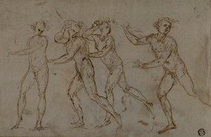 Vier Rennende Mannelijke Naakten (recto); Heilige Familie met de Jonge Johannes de Doper (verso) door Unknown