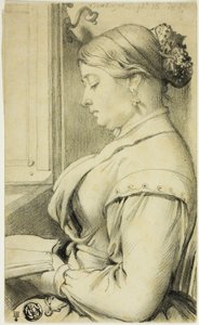 Portret van een vrouw op halve lengte (van voren naar links) lezend bij een raam van een opera