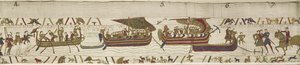 Harold steekt het Kanaal over naar het gebied van Guy, graaf van Ponthieu, waar hij wordt gevangengenomen, Bayeux Tapestry door Unknown