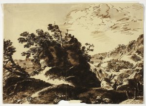 Heuvelachtig landschap met figuur op de voorgrond