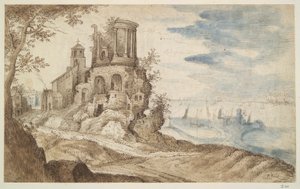 Denkbeeldig landschap met de Tempel van Sibylla, Tivoli door Unknown
