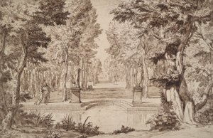 Denkbeeldig uitzicht op een park met beelden en koppels door Unknown