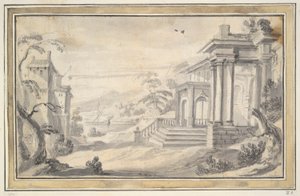 Italiaans landschap met denkbeeldige villa door Unknown