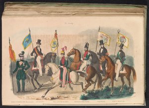 Kostumen en vaandels van de erewachten van Drenthe, Assen, Maastricht, Roermond, Venlo en Helmond, 1840-1842 door Unknown