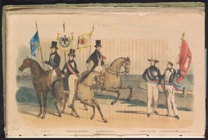 Kostumen en vaandels van de erewachten van Goes, Middelburg, Zierikzee en Vlissingen, 1840-1842 door Unknown