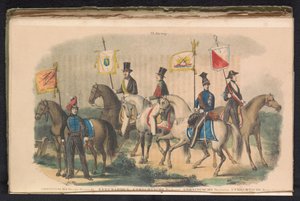 Kostumen en vaandels van de erewachten van Groningen, Leeuwarden en Utrecht, 1840-1842 door Unknown