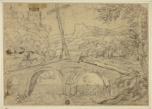 Landschap met Brug (met Kruis) over Kloof, met Bergen en Kasteel in de Verte door Unknown