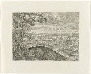 Landschap met stadszicht en stralende zon door Unknown
