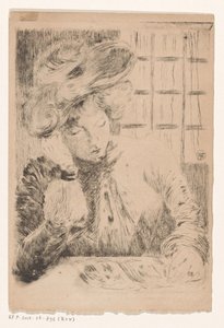 Lezende vrouw achter een tafel door Unknown