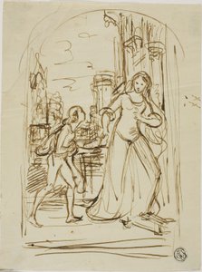 Literaire illustratie: Middeleeuwse dame met pagina (recto); schetsen van figuren (verso) door Unknown