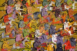 Marwar schilderij: Detail van De demonen bereiden zich voor op de strijd tegen de godin Durga, Mehrangarh Fort paleismuseum, Jodhpur, Rajasthan, India door Unknown