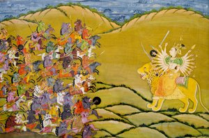Marwar schilderij: De demonen bereiden zich voor op de strijd tegen de godin Durga, Mehrangarh Fort paleismuseum, Jodhpur, Rajasthan, India door Unknown
