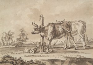 Weide met Koeien en Schapen door Unknown