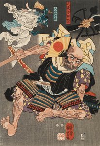 Minamoto Yoshitsune vecht tegen Benkei op de Gojo-brug, met hulp van tengu-demonen, 1847-1850 door Unknown
