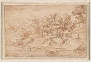 Bergachtig Landschap met Huizen Links en Bomen Rechts door Unknown