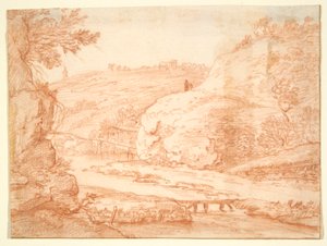 Bergachtig landschap met stroom door Unknown