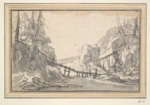 Bergachtig landschap met houten voetbrug
