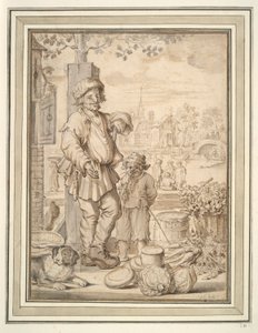 Boerenman en kind op de markt door Unknown