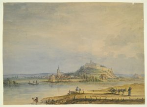 Rivierscène met Stad, Kasteel op Heuvel en Werkende Boeren